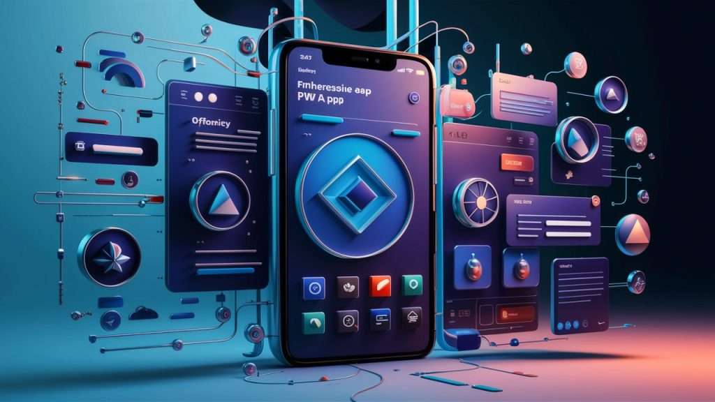 Image showing 'Enhancing App Responsiveness with Progressive Web App (PWA) Features' in a blue and dark blue theme. Illustrate app icons blending with web elements, representing features like offline access, smooth transitions, and fast loading. Include symbols for responsiveness and PWA functionality to capture an app-like experience.